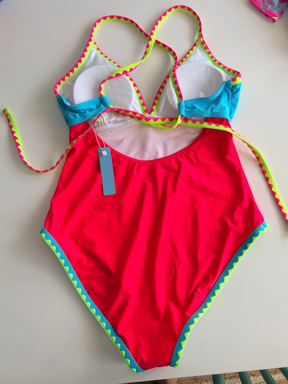 NWT Vibrant Colorblock One-Piece Swimsuit - Pink/Blue/Yellow - Picture 3 of 6